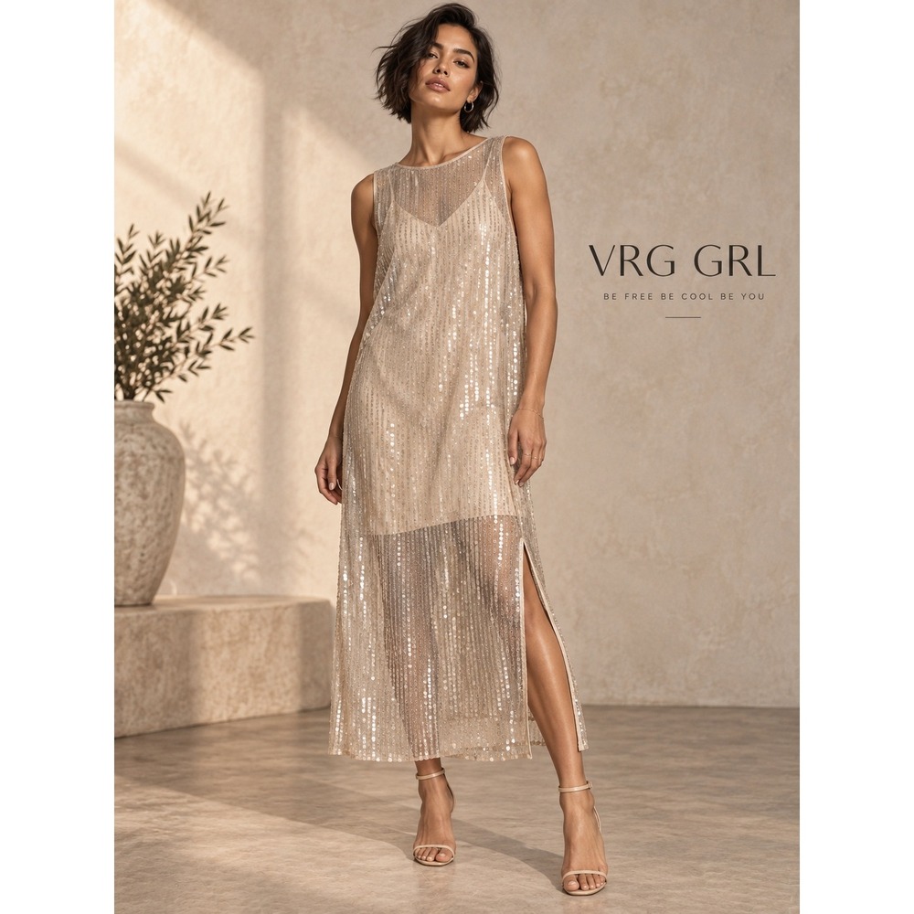 VRG GRL Champagne Sequin Mesh Midi Dress with Slip Size 10 Beige Sleeveless